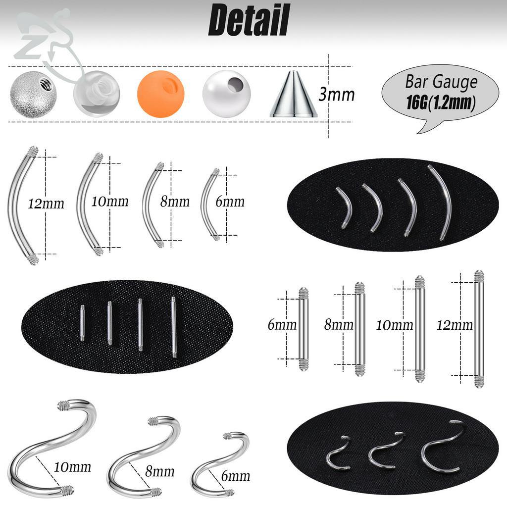 1set Campuran Stainless Steel Perhiasan Pengganti Aksesoris Lot Bola Akrilik Hidung Telinga Tindik Alis Lidah Bibir Punggawa