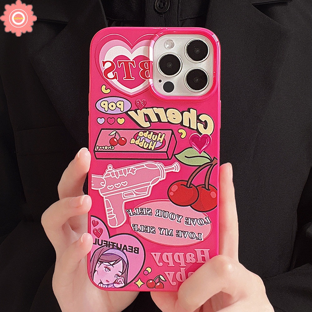 Case Compatible for IPhone 14 11 13 12 Pro Max XR 7 8 Plus X XS Max SE 2020 Candy Glossy Shockproof Protection Camera Ros Red Cartoon Label Cherry Soft Tpu Silicon Back Cover