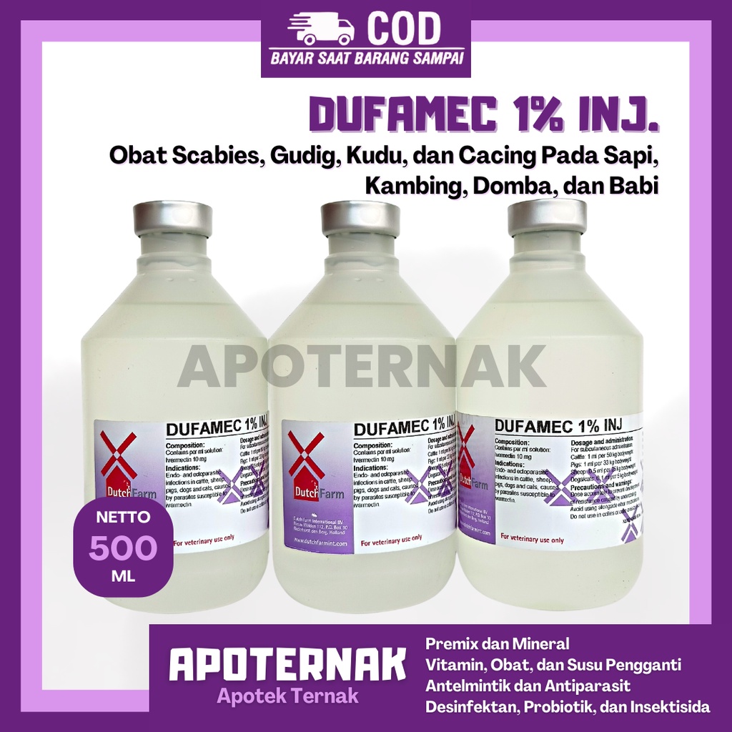 DUFAMEC 1% Injeksi 500 mL | Obat Scabies Gudig Kutu dan Cacing Pada Sapi Kambing Domba dan Babi | DutchFarm