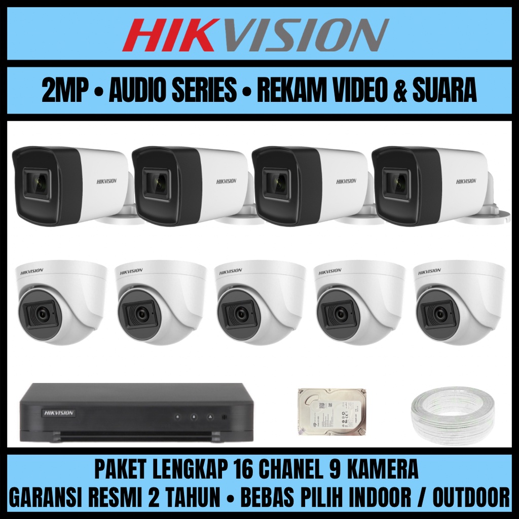 PAKET CCTV HIKVISION 2MP 16 CHANNEL 9 CAMERA KAMERA CCTV TURBO HD