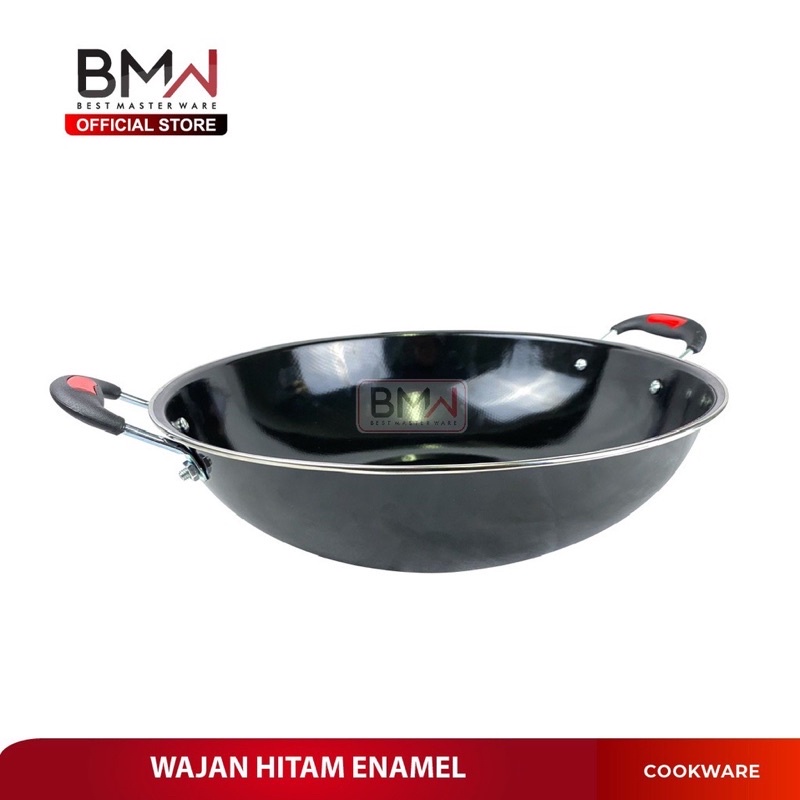 Kuali Enamel Hitam List Merah 30/32/34CM - Kuali Wajan Tebel Gagang Kuping - Wajan Penggorengan Hiqh Quality Anti Lengket - Wok Pan Jumbo Tebel