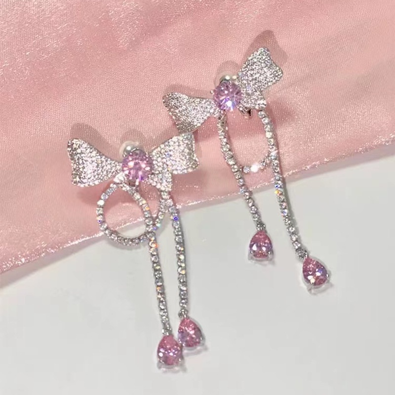 Anting Jepit Korea Ringan Mewah Elegan New Pink Bow Drop Fringe Earrings