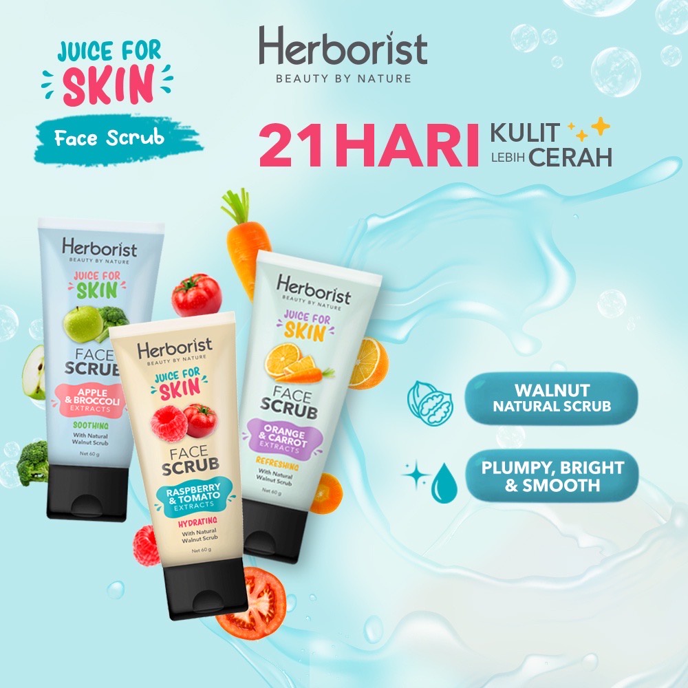 HERBORIST Juice For Skin Face Scrub Indonesia / Pembersih Wajah 60g / Refreshing With Natural Walnut / Brightening Soothing Hydrating / Orange Apple Raspberry Extracts / Peeling Exfoliasi Skincare Facial Care Muka Body Serum Exfoliating Gel Mineral Lotion