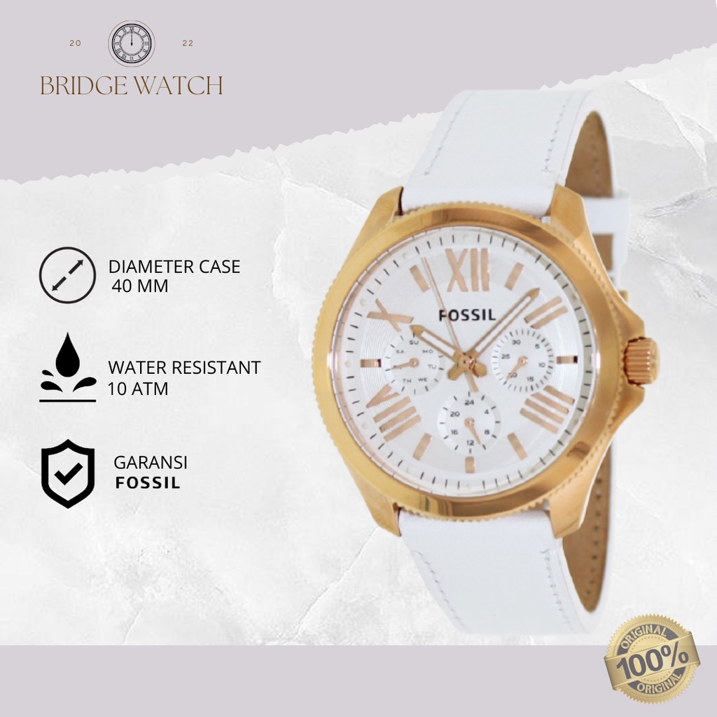 Jam Tangan Wanita Fossil Cecile AM4486 Original Analog Chronograph White Leather Strap Kulit Putih C