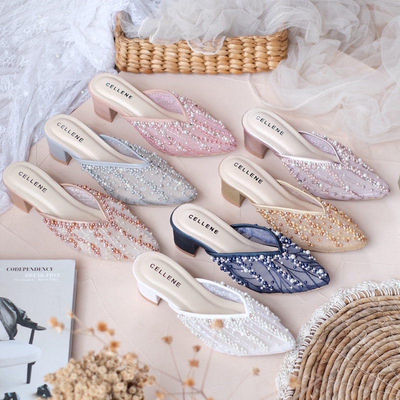 𝗖𝗘𝗟𝗟𝗘𝗡𝗘 • Irish Beads Heels (8warna) / wedding shoes brokat payet 5cm