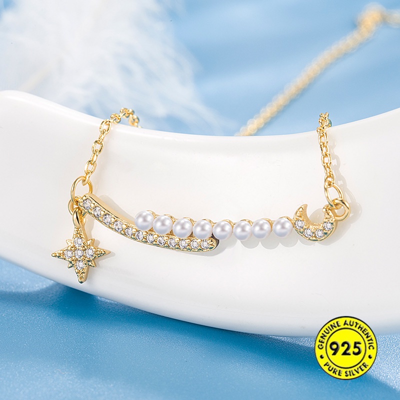 Stars Moon Kalung Untuk Wanita Ringan Mewah Minoritas Desain Musim Gugur Dan Musim Dingin Shell Pearl Sweater Chain U1502