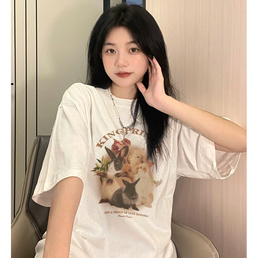 [100%  Katun]Kaos Couple Rabbit Oversize Kekinian Lengan Pendek Korean Style Printed T-shirt Baju Wanita Hitam