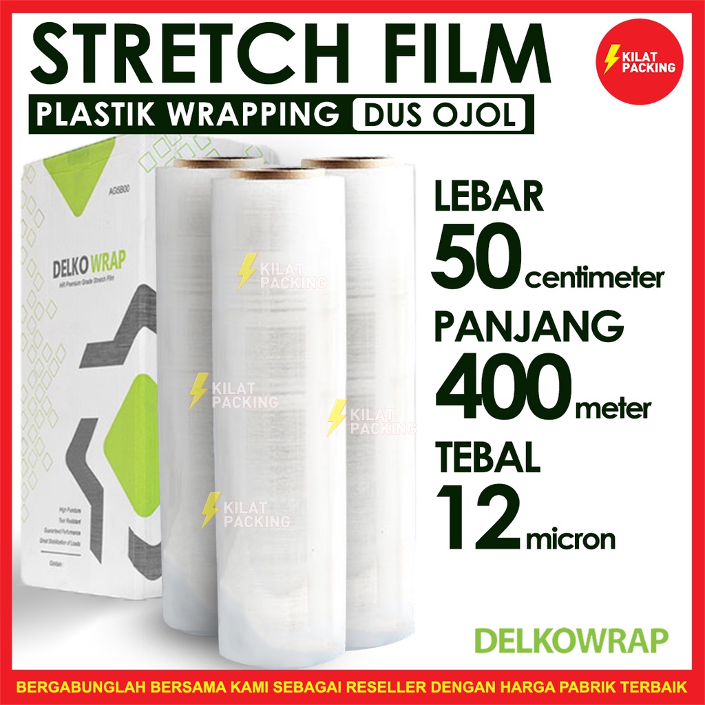 

PLASTIK WRAP KUAT TERMURAH - STRETCH FILM BENING - DELKOWRAP - 50CM X 400M DUS GOJEK/GRAB