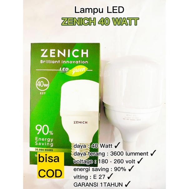 Jual Lampu Led Zenich 40 Watt Tabung Putih Nyala Terang Putih Garansi 1