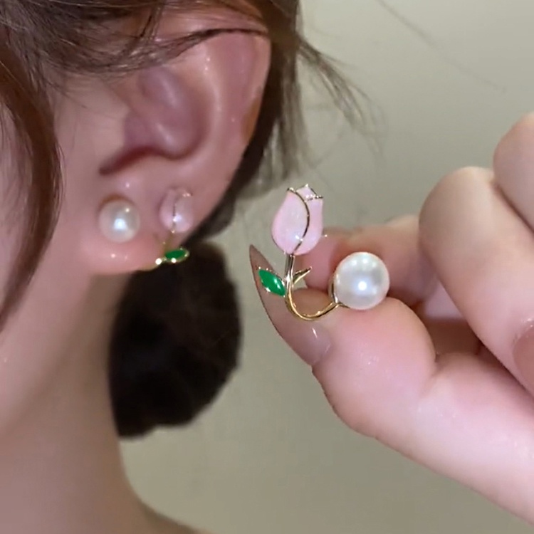 YEEZII Anting Tulip Mutiara Elegan Untuk Wanita Manis Kristal Busur Busur Anting Aksesoris Perhiasan