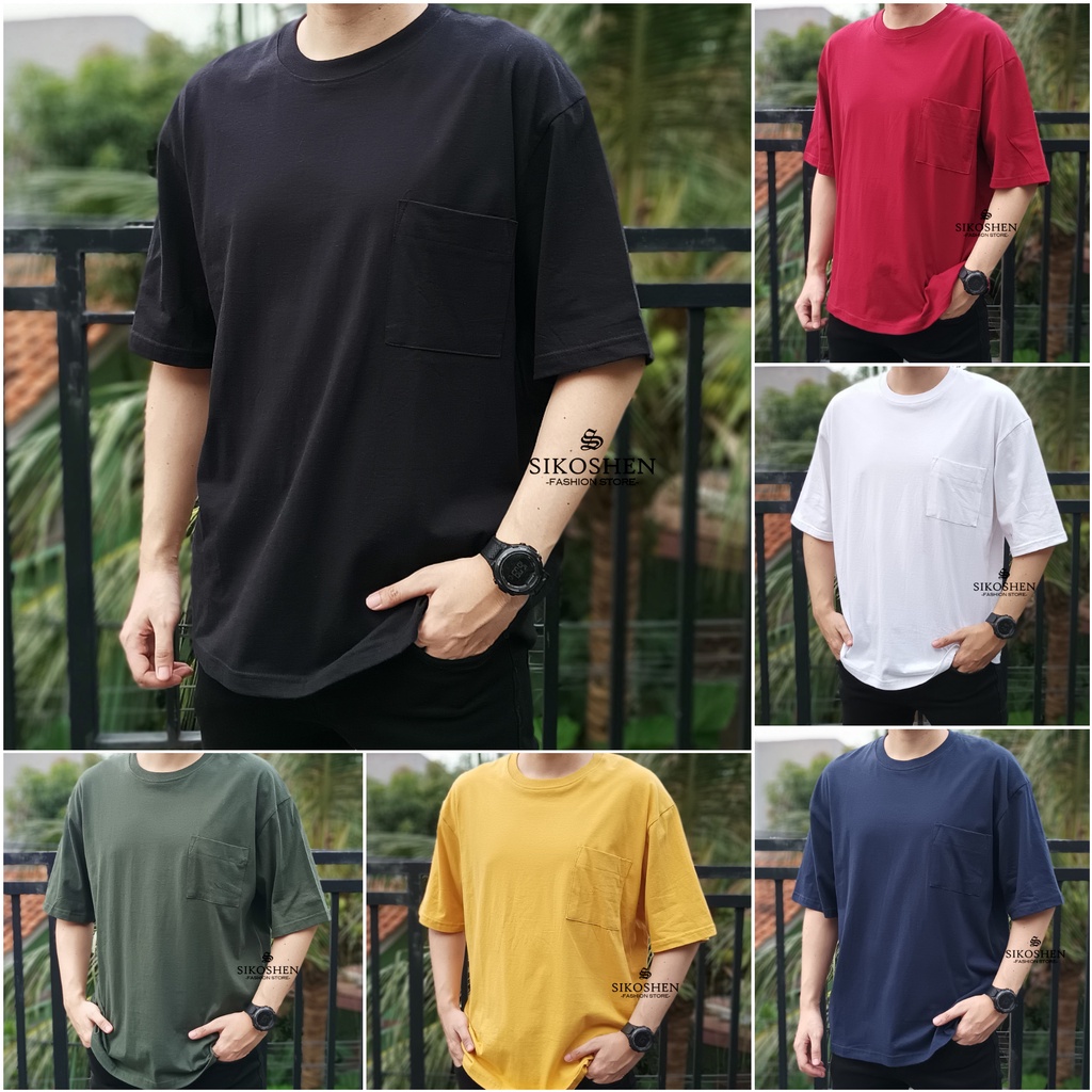 Kaos Oversize Polos Pria Bahan Tebal Saku Depan