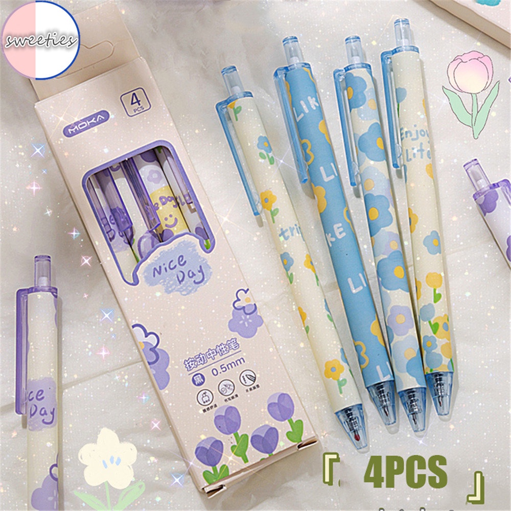 4pc/set Siswa Korea Kartun Lucu 0.5mm Tinta Hitam Menulis Pena Kantor Press Pulpen Penandatanganan pen
