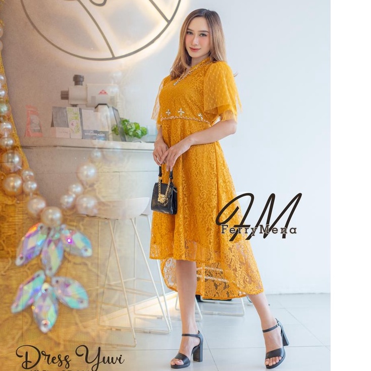 BISA COD  Dress Yuvi dress brokat payet mix tulle dot dress wanita dress natal dress gereja dress ko