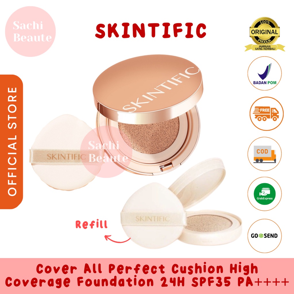 SKINTIFIC Cover All Perfect Air Cushion High Coverage Poreless &amp; Flawless Foundation 24H Long-lasting SPF35 PA++++ Hasil Akhir Flawless