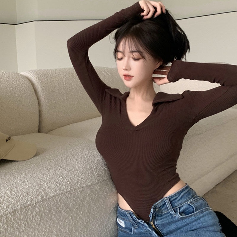 ▲❒Suhao seksi v-leher bottoming kemeja wanita selera desain ceruk musim gugur dan musim dingin lengan panjang polo kerah t-shirt ketat jumpsuit pasang