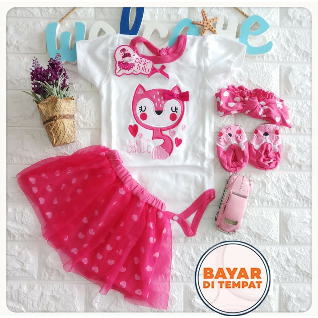 Setelan Jumper Rok BABY FOX free Bandana dan sepatu - baju bayi Perempuan 3 6 9 12 bulan - Baju Setelan anak Cewek Lucu