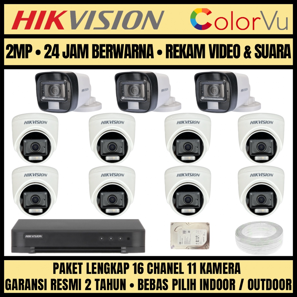 PAKET CCTV HIKVISION COLORVU 2MP 16 CHANNEL 11 CAMERA KAMERA CCTV COLORFUL