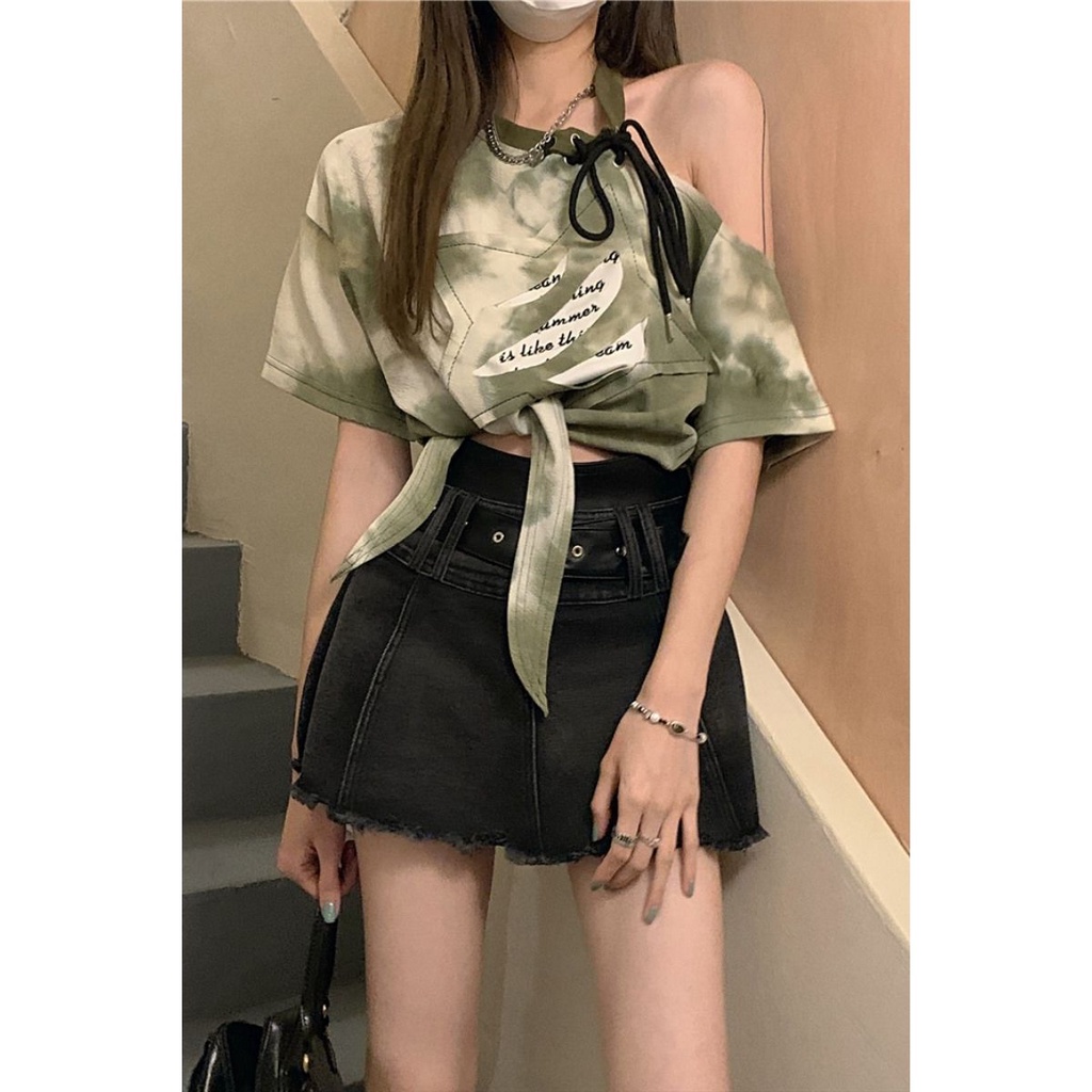 ◈Suhao Manis dan Keren Strapless Lengan Pendek Tipis T-shirt Wanita Musim Panas Gadis Pendek Rasa Desain Niche High-End Chic top Ins