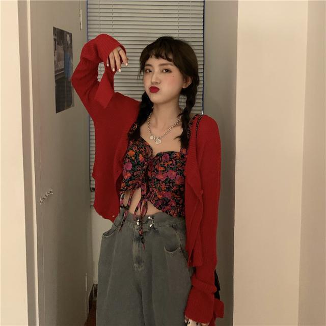Suhao Fashion 2022 Baru Awal Musim Gugur Pakaian Wanita Retro Bunga Kamisol Top Tipis Rajutan Cardigan Trendi Dua Potong set