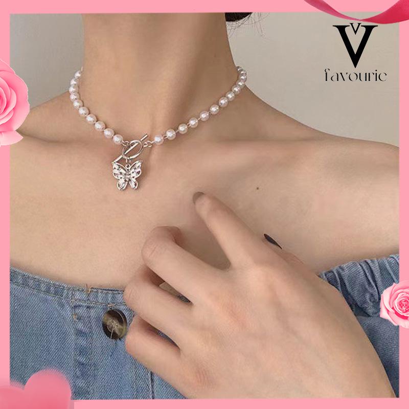 CODFashion Mutiara Manik-manik Kalung Elegan Kupu-kupu Liontin Klavikula Kalung Aksesoris Wanita-FA