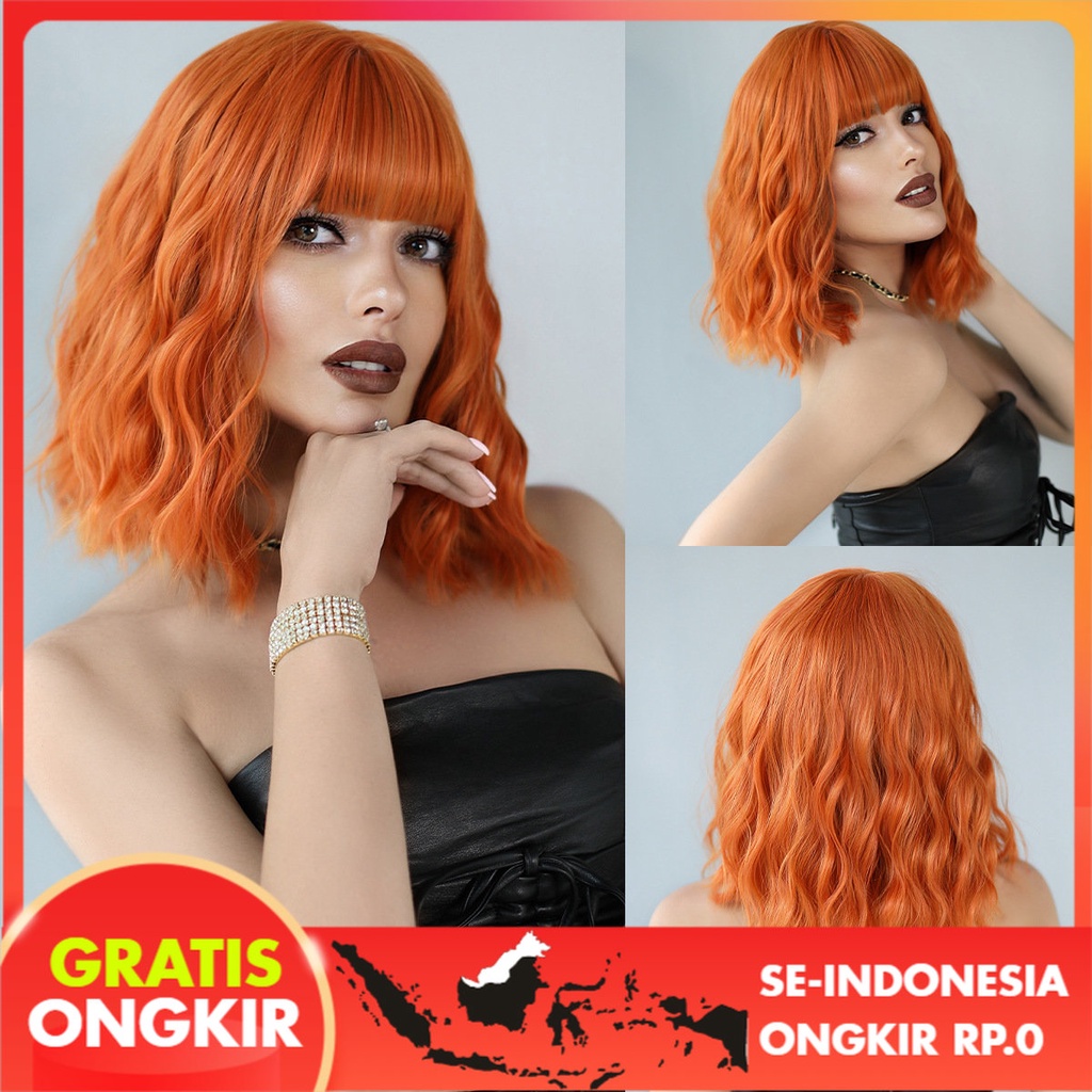 Wig Wanita New Kotor Orange Wig Wig Pendek Pendek Wanita Rambut Keriting Air Poni Meum Rambut Keriti
