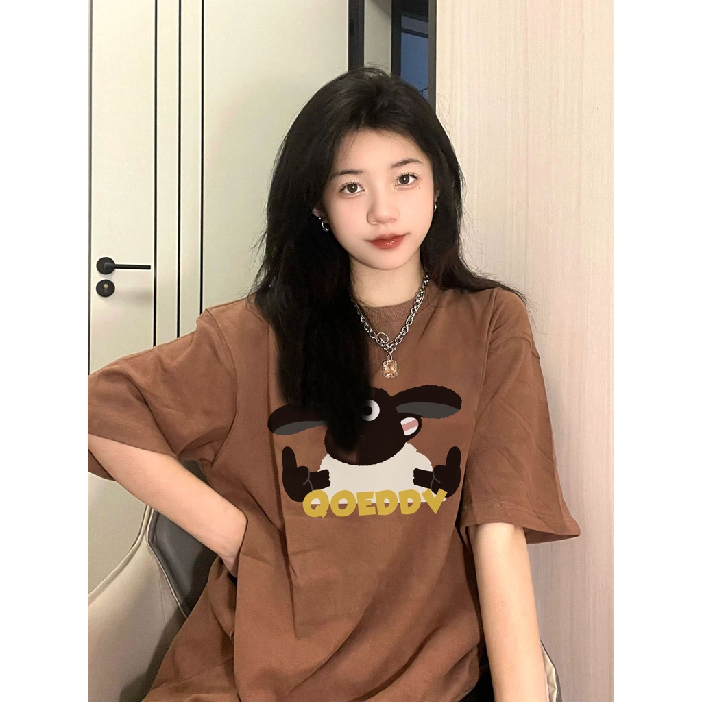 Korean Style Vintage Kaos Lengan Pendek Cream Atasan Wanita Hitam Cartoon Sheep Oversize Printed T-shirt Kekinian