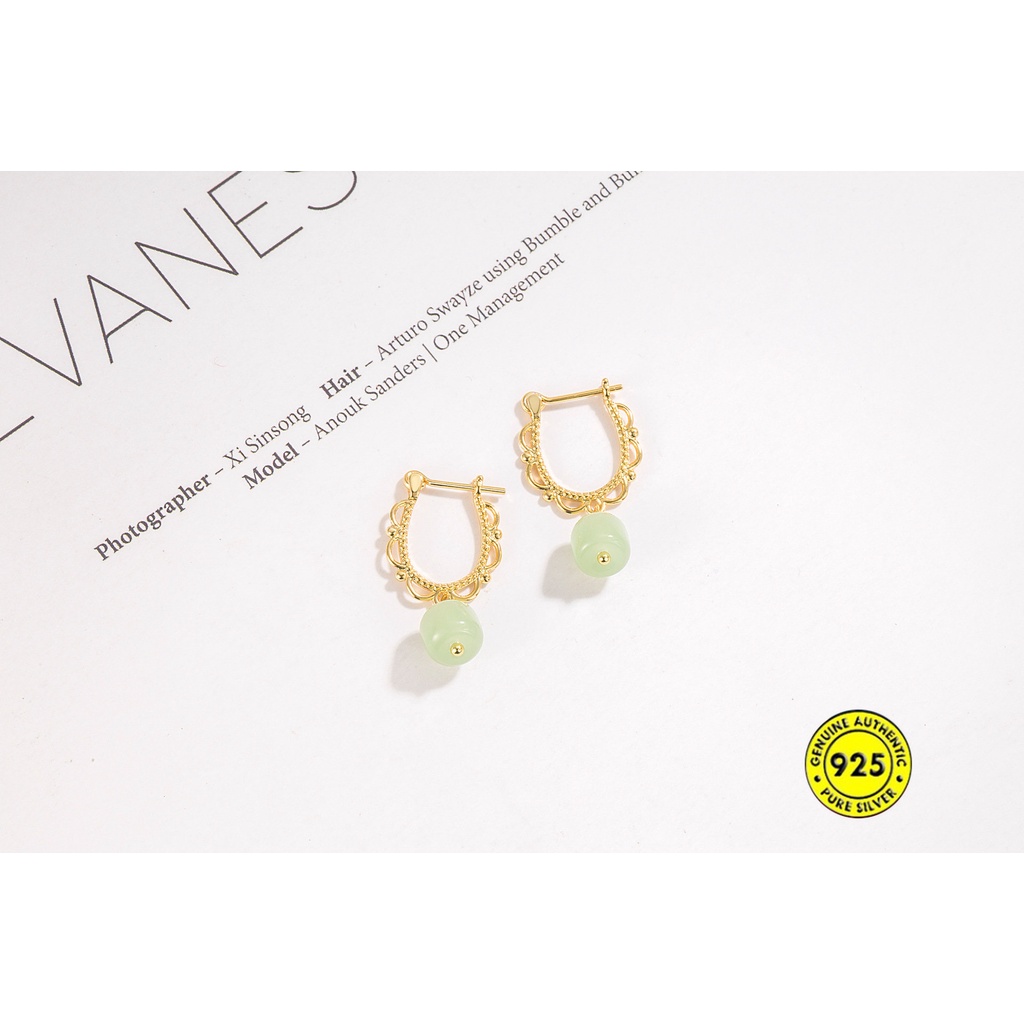 18k Emas Vintage Hetian Jade Earrings Wanita Gaya Pengadilan Anting Bermutu Tinggi U1169
