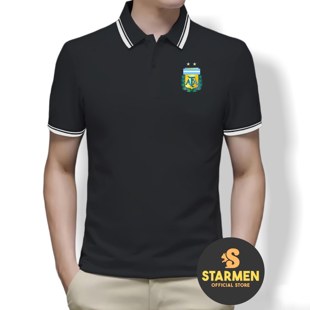 Kaos Polo Shirt Pria Kerah List Putih logo ARGENTINA