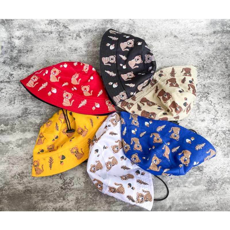 BUCKET HAT ANAK MODEL TALI BAHAN CANVAS MOTIF BINATANG