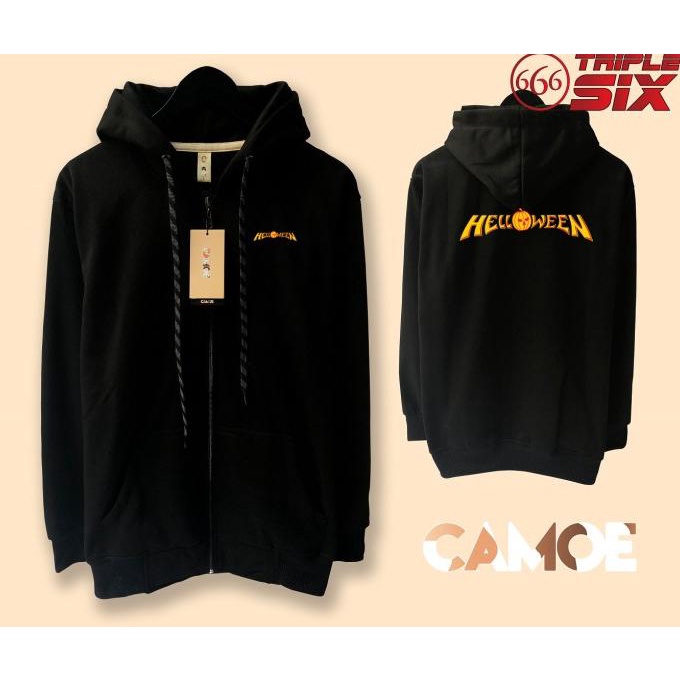 Jacket Helloween Sweater Hoodie Pria Bahan Fleece Sablon Polyflex Zipper Resleting Depan