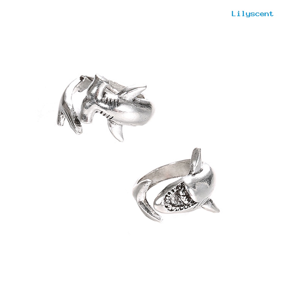 [LS]2Pcs /Set Vintage Adjustable Alloy Hiu Terbuka Cincin Unisex Pesta Perhiasan Hadiah