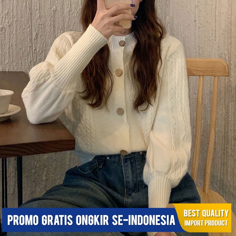 Cardigan Korea      Gelembung Lengan Panjang Cable-Knit Sweater Cargan  Top Pendek Sweter Mantel  RS