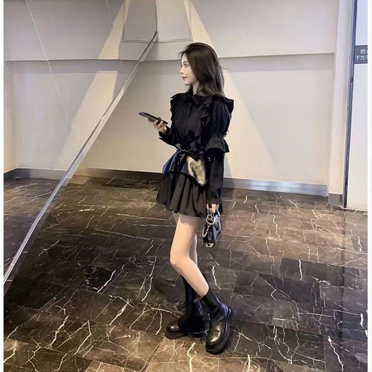 Suhao setelan jas dua potong musim dingin retro gaya Hepburn baju kemeja pinggang ramping rok wanita temperamen hitam berkencan
