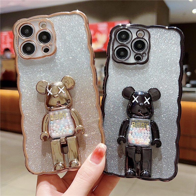 IPHONE Casing Ponsel Holder Beruang Glitter Gradasi Motif Gelombang Mewah Kompatibel Dengan Iphone14 13 12 11 Pro Max14 Plus Anti Jatuh Anti slip Soft Casing