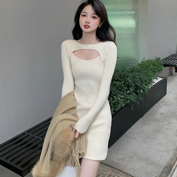 【Elegant】Bodycon  Long Sleeve Knitted Slim Fit Dresses 2324