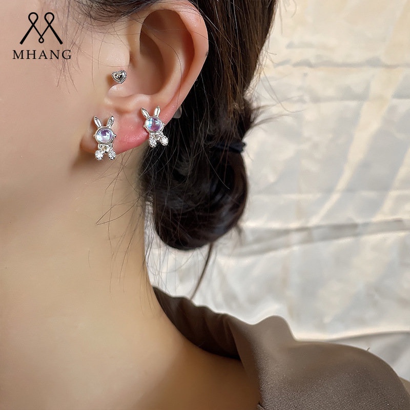 Korea Baru Moonstone Rabbit Earrings Mini Fashion Perak Kelinci Anting Wanita Tahun Baru Perhiasan Lucu