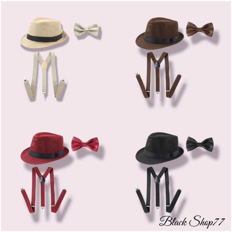 Topi Fedora Suspender Dasi Kupu Kupu Pria Dewasa Paket Instan 3 In 1