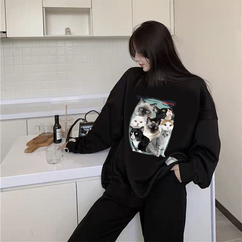 sweater oversize tebal korean style kekinian animal cat graphic printing sweater crewneck basic switer wanita