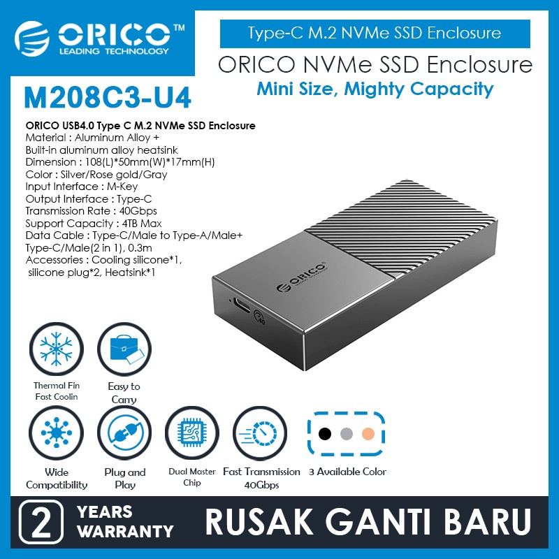 Ssd m2 Enclosure orico Nvme 4tb usb3.1 type-c 40Gbps aluminum m208c3-u4 - Casing external m.2 m-key nvm m208-c3