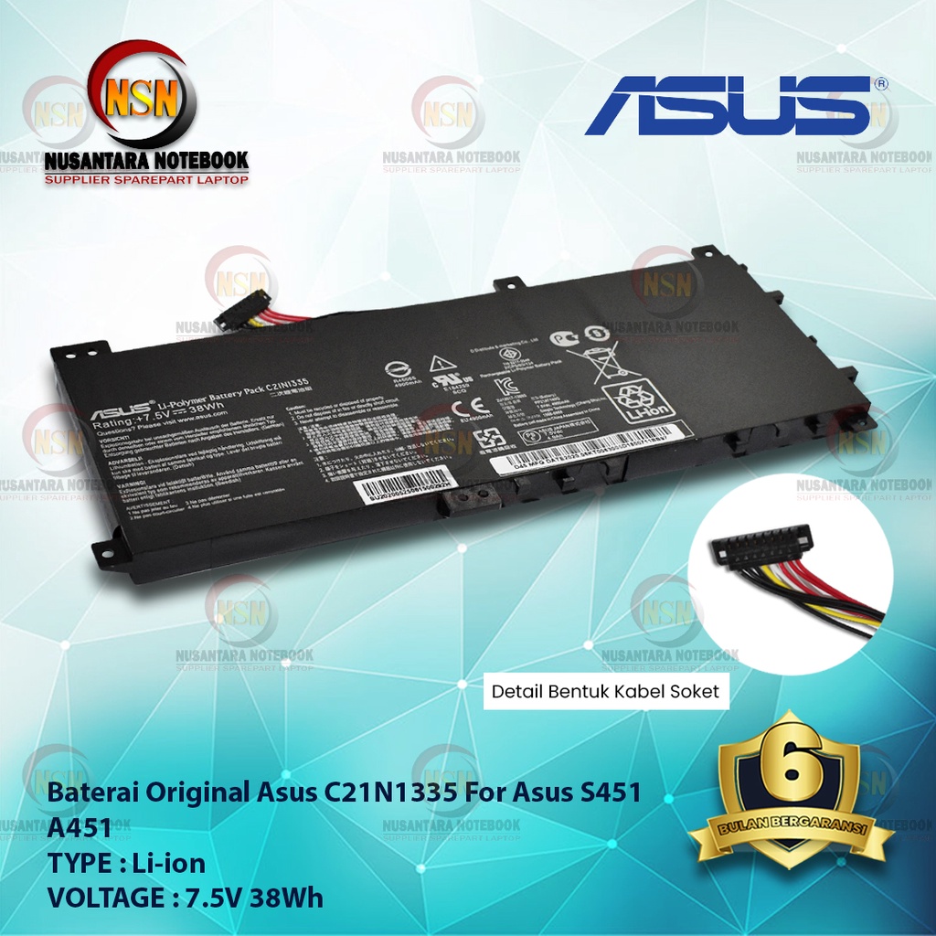 Baterai Original Asus C21N1335 For Asus S451 A451 7.5V 38Wh