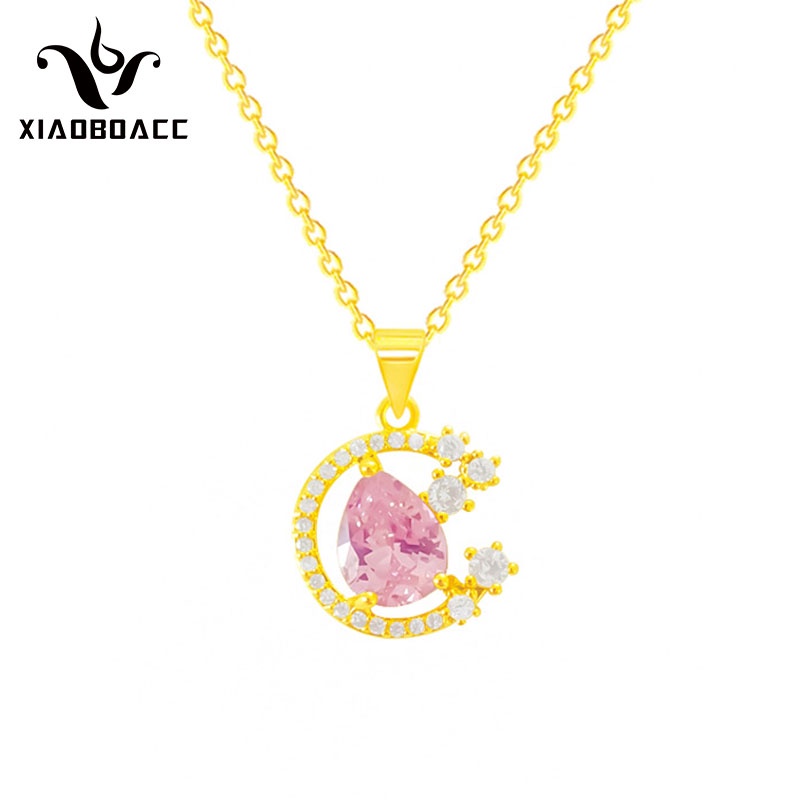 XiaoboACC Korea Fashion Pink Cubic Zirconia Moon Pendant Kalung Rantai Klavikula Bahan Titanium Steel Untuk Wanita - 40CM+6CM