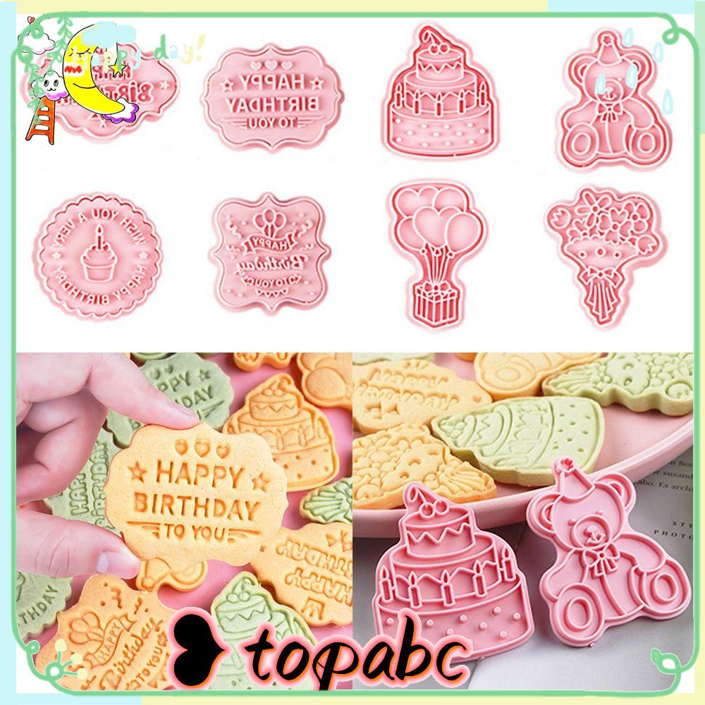 Top 8pcs/set 3D Happy Birthday DIY Alat Kue Cookie Cutter Cetakan Kue Plunger Kue Bunga