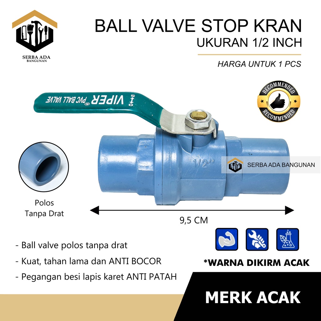 Ball Valve PVC Gagang Besi 1/2 Inci / Stop Kran Pipa Ballvalve PVC 1/2” / Stop Keran Gagang Besi / Plat 1/2