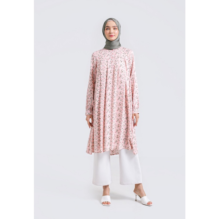 Hanna Tunik Ivana Midi Dress Pakaian Hijab 100% Rayon Pink Floral Wanita 011222