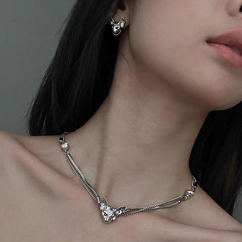 Y2k Wanita Korea ins Elegan Kepala Kucing Liontin Double layer Klavikula Rantai Choker Ringan Mewah Kalung Perhiasan