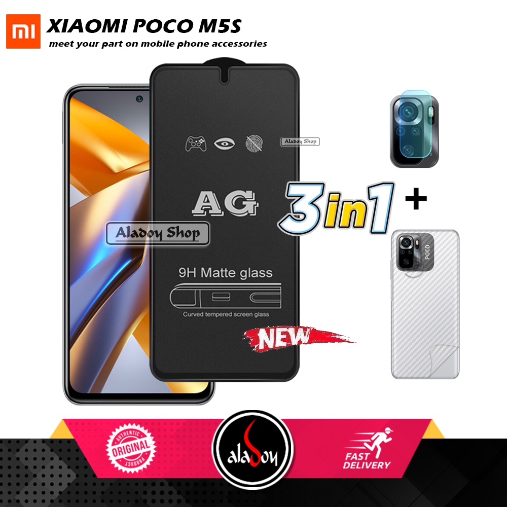 Paket 3IN1 Tempered Glass Layar Matte Anti Glare XIAOMI POCO M5S Free Tempered Glass Camera dan Skin Carbon