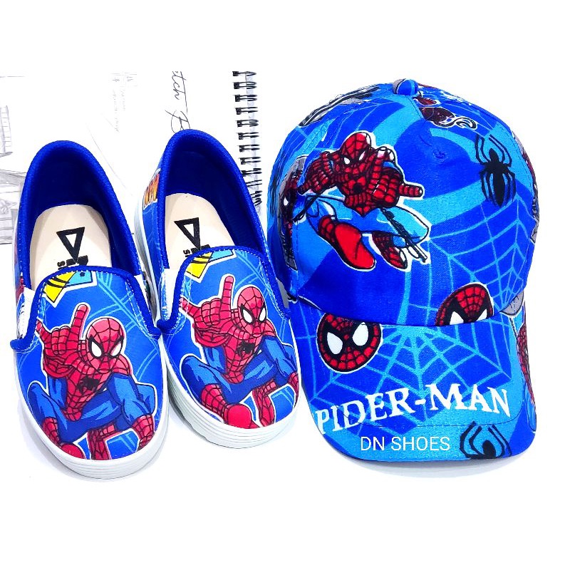 Paket Sepatu Anak Laki laki Topi Anak Paket Slip On Topi Pet Anak Laki Murah Karakter Spider-Man Biru