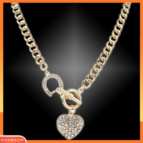[WONE] Wanita Bertatahkan Berlian Imitasi Bentuk Hati Liontin Pendek Curb Rantai Kalung Perhiasan