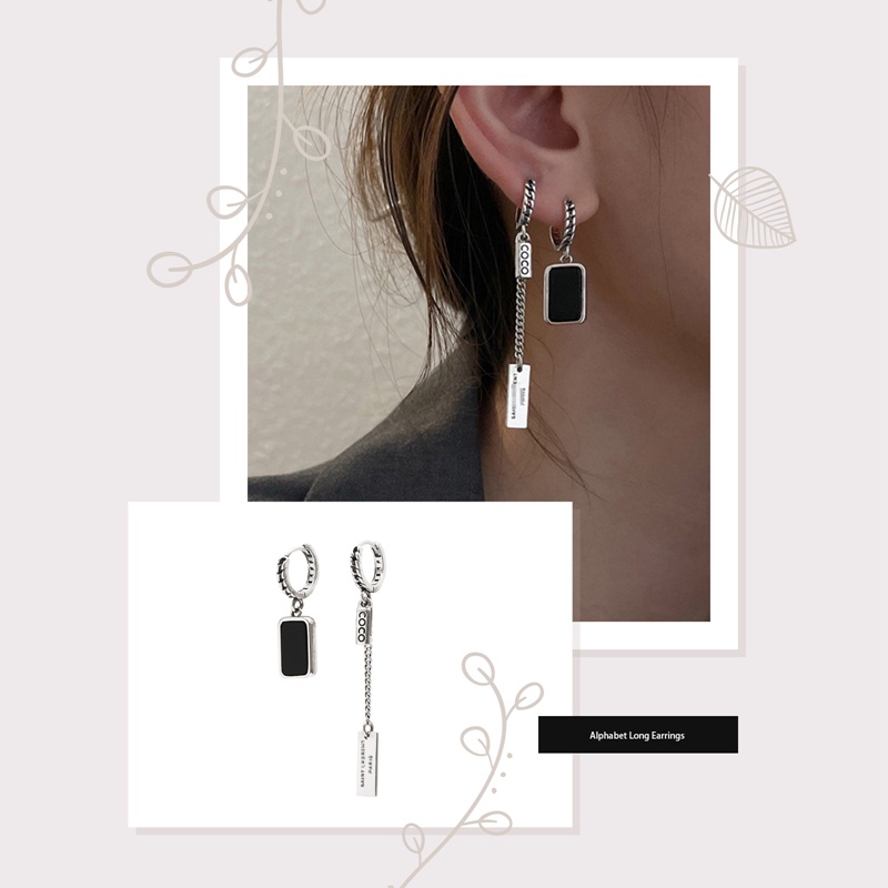 Fancyqube S925 Sterling Silver Asimetris Rumbai Anting Wanita Retro Temperamen Anting Anting Anting Hip-Hop Anting Huruf