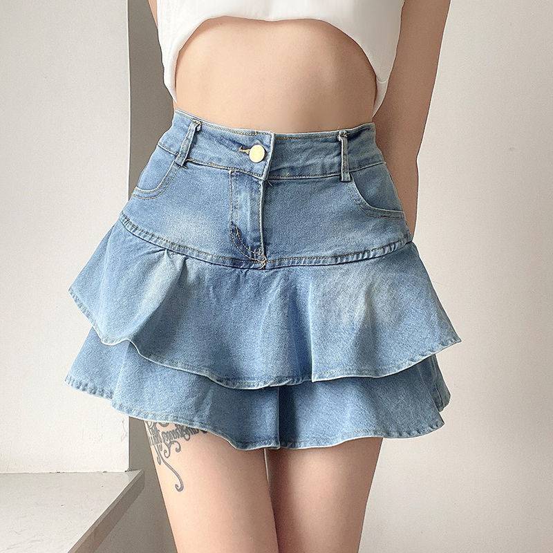 Rok Celana Pendek Mini Miniskirt Jeans Denim Renda Kerut